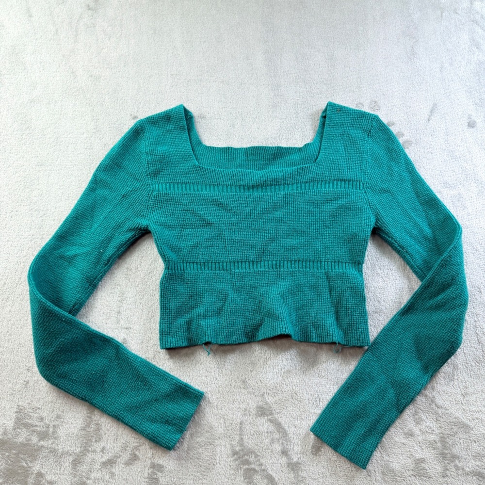 SHEIN Women Teal Green Square Neck Long Sleeve Ribbed Knit Crop Top Small
